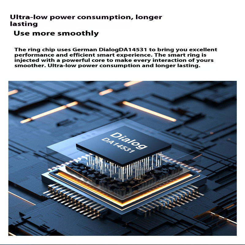 Electronic chip with Dialog DA14531 on a circuit board, text about ultra-low power consumption.