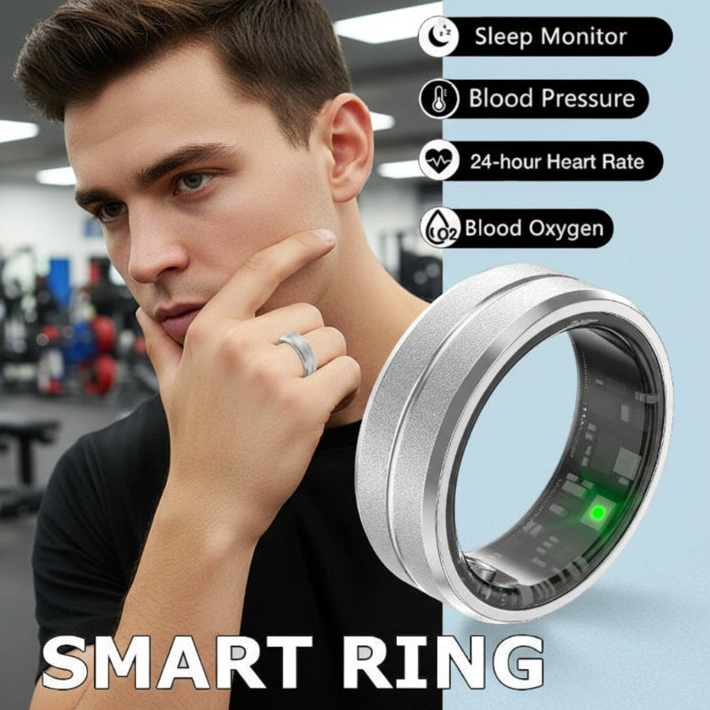 Smart ring with health monitoring features displayed on a blurred gym background
